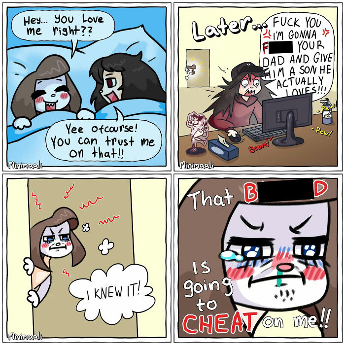 A Minimaali comic depicting a relationship's anxiety as a person in bed and another obsessing over cheating at a computer.