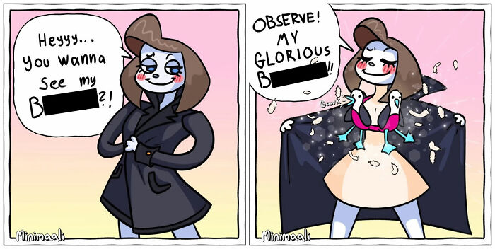 A Minimaali comic showing a woman revealing pigeons from her trench coat, humorously depicting the absurd side of everyday life.