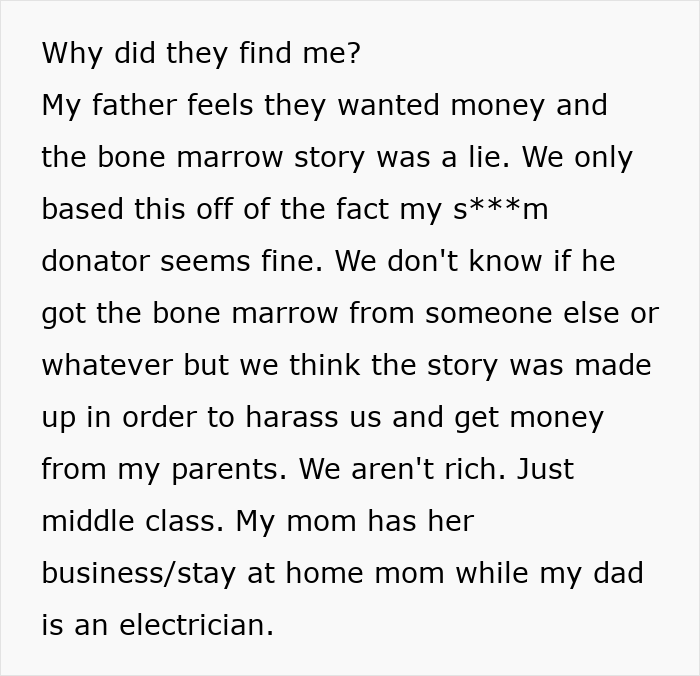 Adopted teen’s father suspects birth parents wanted money, not bone marrow, fabricating the story. Adopted teen’s father suspects birth parents wanted money, not bone marrow, fabricating the story.