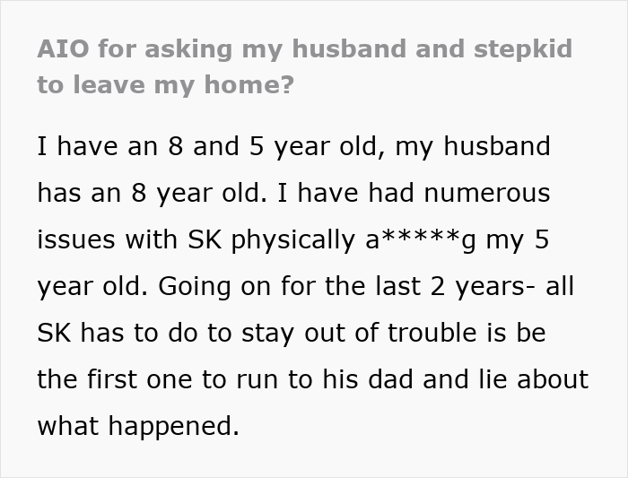 Stepson Keeps Bullying Woman’s 5YO, Dad Calls It “Boys Being Boys”, She Kicks Them Both Out Stepson Keeps Bullying Woman’s 5YO, Dad Calls It “Boys Being Boys”, She Kicks Them Both Out