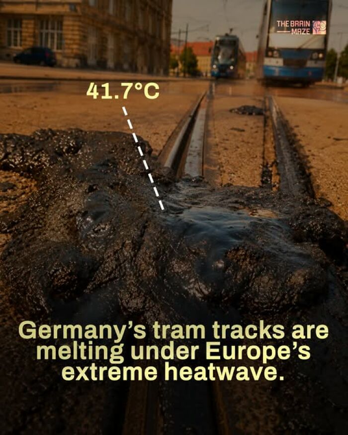 Tram tracks melting from summer heat, showing extreme heat ruining infrastructure.