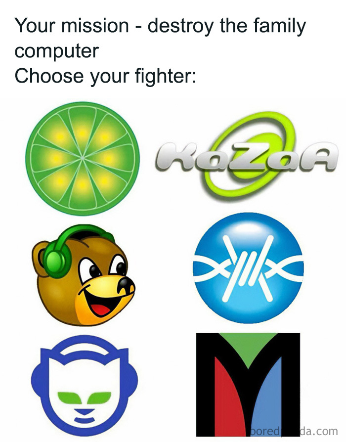 Logos of early 2000s file-sharing programs like LimeWire, Kazaa, and Napster, sparking nostalgia for the 90s and 00s.
