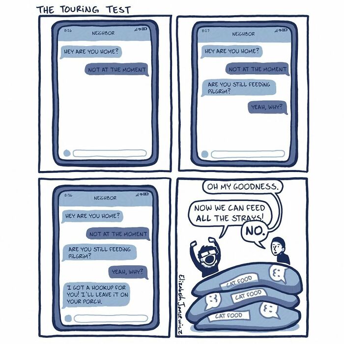 A heartwarming comic series showing an artist receiving a text from a neighbor about feeding a stray cat and getting cat food. A heartwarming comic series showing an artist receiving a text from a neighbor about feeding a stray cat and getting cat food.