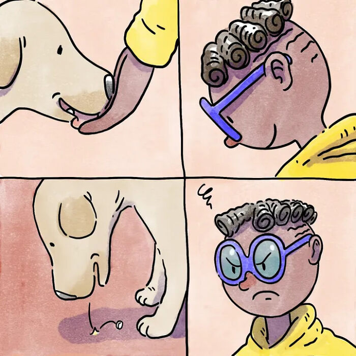 Heartwarming comics showing a person holding a small treat for a dog, who then appears disappointed by the size. Heartwarming comics showing a person holding a small treat for a dog, who then appears disappointed by the size.