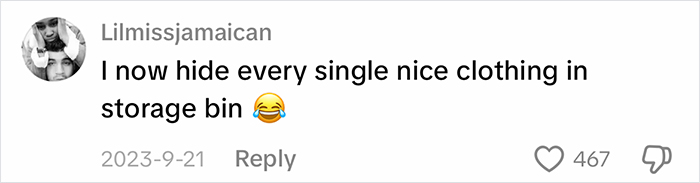 A social media comment from Lilmissjamaican about hiding nice clothing from blue-collar husbands. A social media comment from Lilmissjamaican about hiding nice clothing from blue-collar husbands.