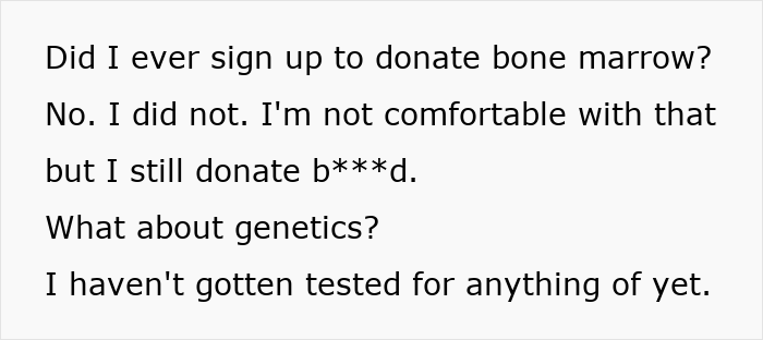 A screenshot of text about an adopted teen not signing up to donate bone marrow for birth parents. A screenshot of text about an adopted teen not signing up to donate bone marrow for birth parents.