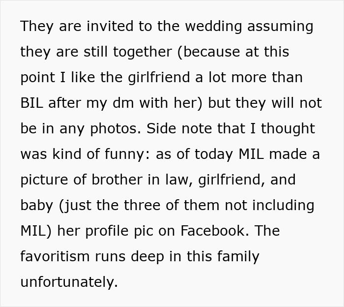 Text about a wedding dispute, stating in-laws are invited but won't be in photos, highlighting favoritism. Text about a wedding dispute, stating in-laws are invited but won't be in photos, highlighting favoritism.