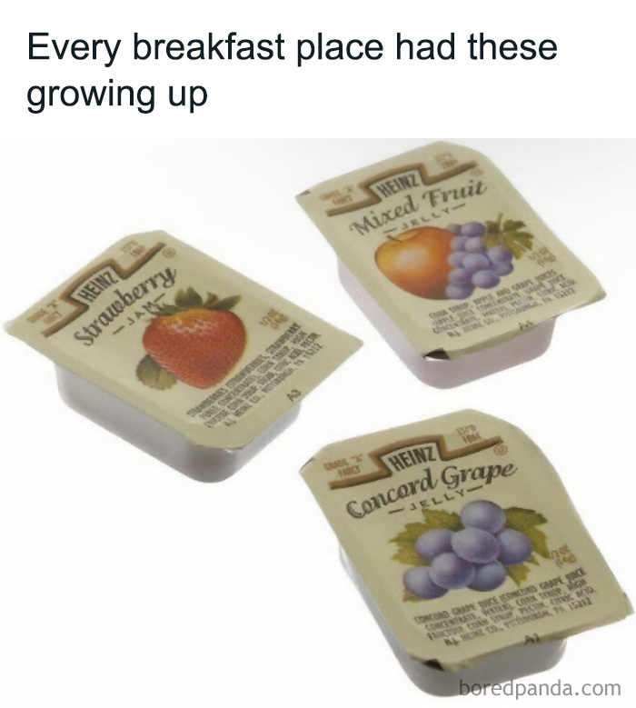 Three small containers of Heinz jam and jelly (strawberry, mixed fruit, concord grape), a common breakfast item in the 90s and 00s.