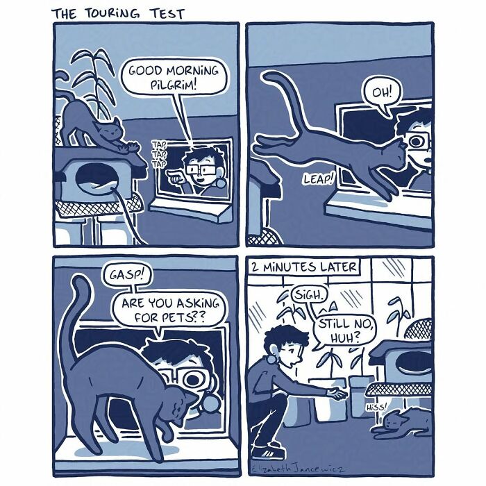 A heartwarming comic series showing an artist interacting with a stray cat, featuring the cat stretching, leaping, and seeking pets, all in a blue monochrome style. A heartwarming comic series showing an artist interacting with a stray cat, featuring the cat stretching, leaping, and seeking pets, all in a blue monochrome style.
