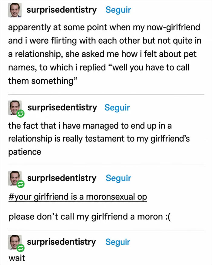A Tumblr post about a relationship with a girlfriend and pet names, showing a conversation about a moronsexual op. Best Things on Tumblr.