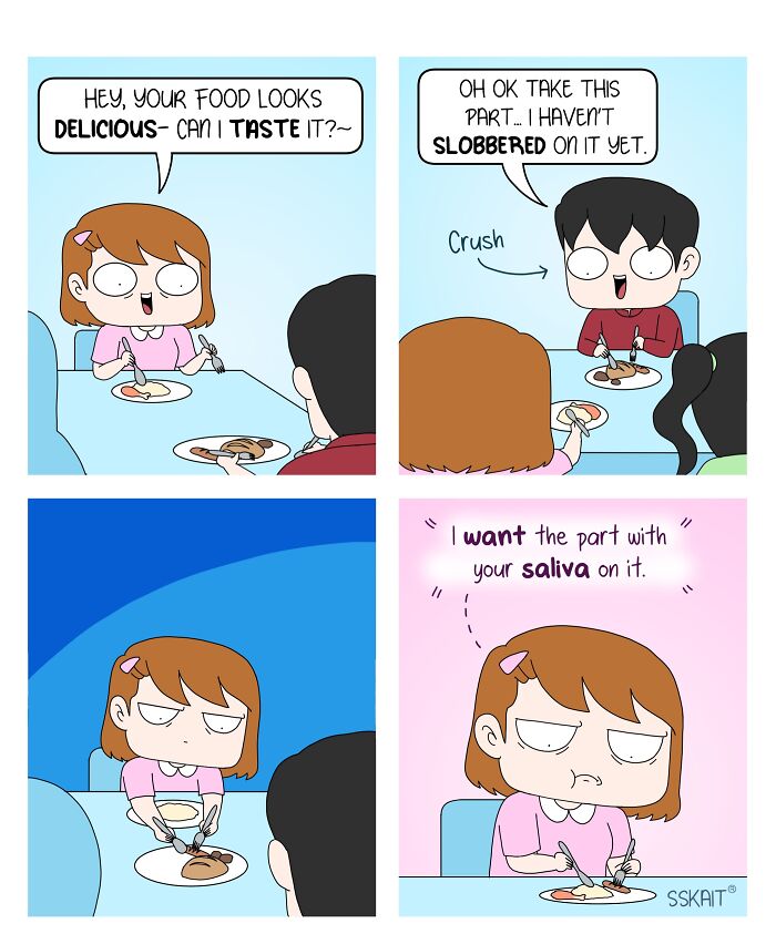 A comic illustrating a humorous interaction about sharing food, with a girl asking for a taste and a boy offering a slobber-free part, typical of Filipino humor.