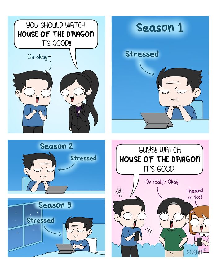 A comic depicting someone recommending House of the Dragon, then becoming stressed watching it, and finally recommending it themselves, showing Filipino humor.