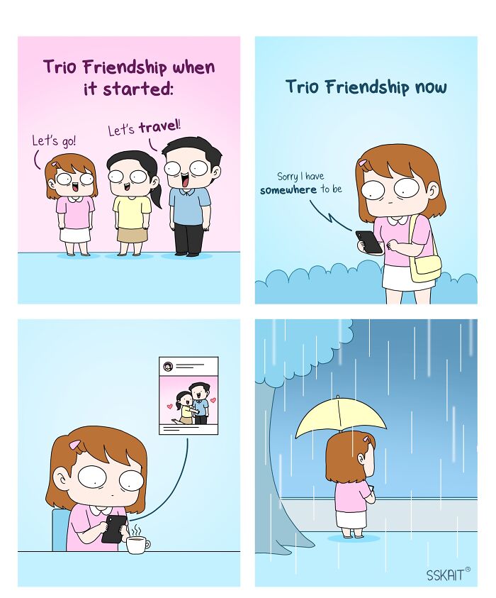A comic illustrating the evolution of trio friendship from active to distant, reflecting everyday situations with Filipino humor.