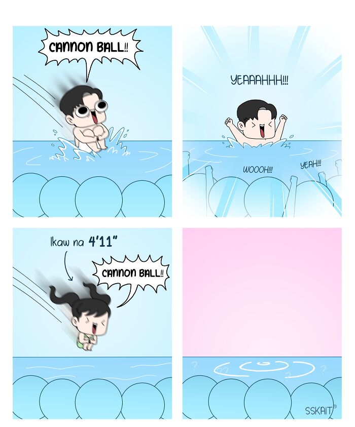 A comic strip about Filipino humor, depicting two people doing a cannonball into water, one making a splash and the other not.