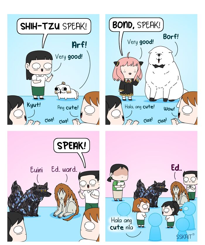 A comic comparing cute dogs to the darker, more unsettling version of 'speak' for Filipino humor.