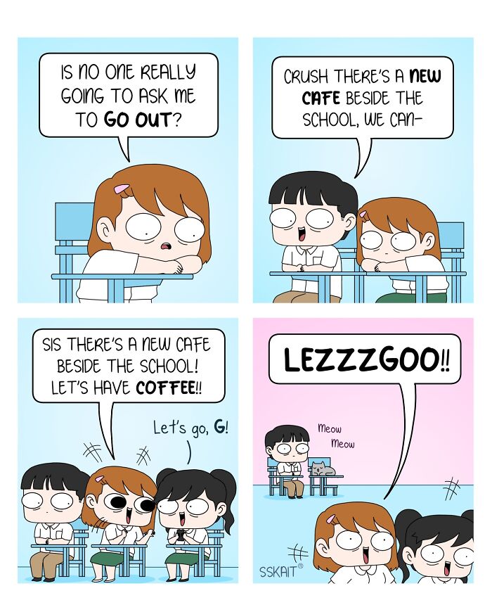 A comic strip about Filipino humor, showing a girl waiting to be asked out, then excitedly joining friends for coffee.