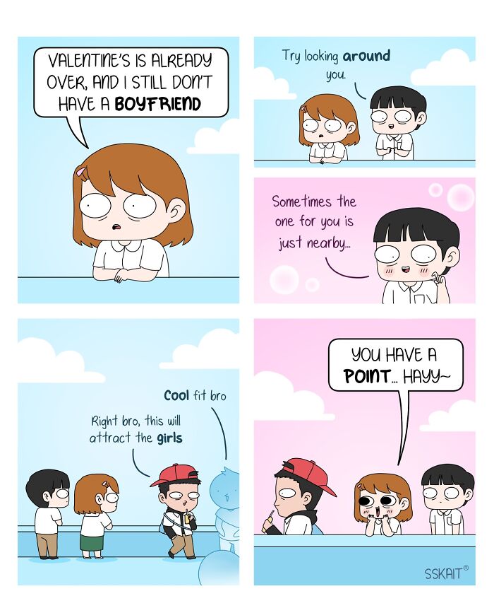 A comic showing a girl lamenting being single, with a friend suggesting the right person is nearby, then revealing funny Filipino humor.