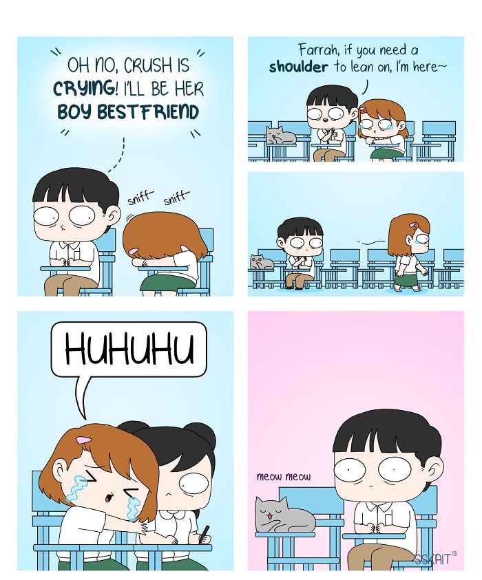 A comic depicting a boy trying to comfort a crying girl to be her 'boy best friend,' only to be hilariously rejected in Filipino humor.
