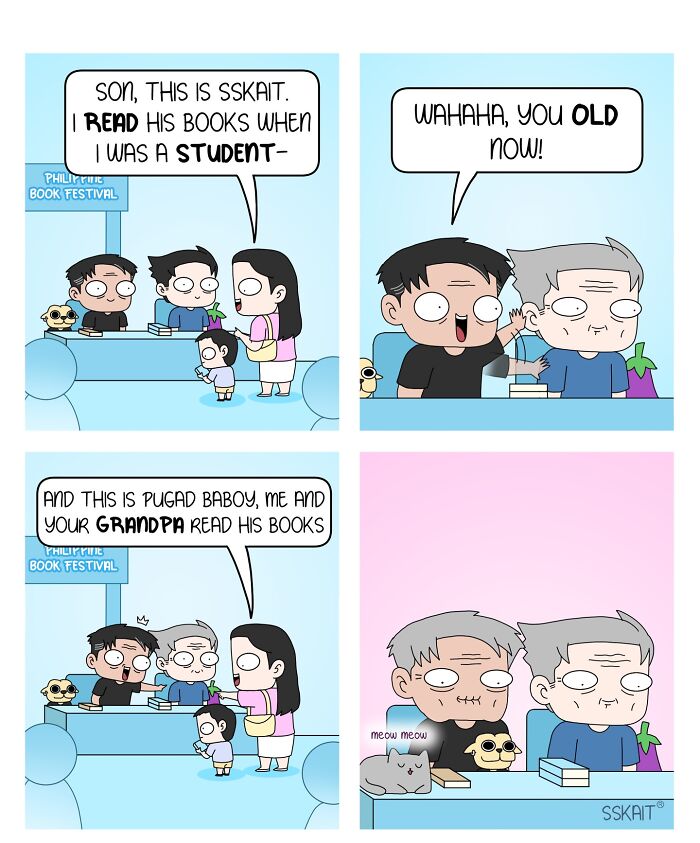 A multi-generational comic showcasing the timeless appeal of a Filipino humor artist's books across a family.