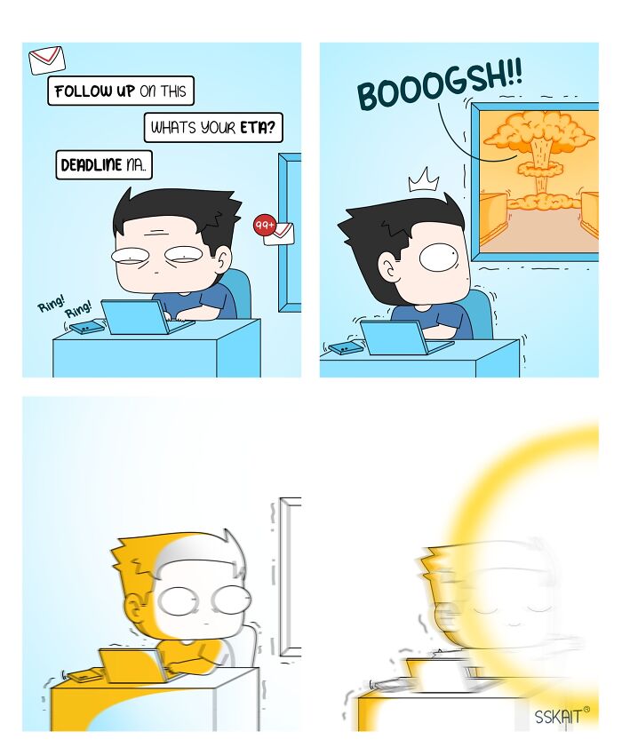 A comic depicting a man overwhelmed by work emails and deadlines, showcasing Filipino humor in everyday situations.