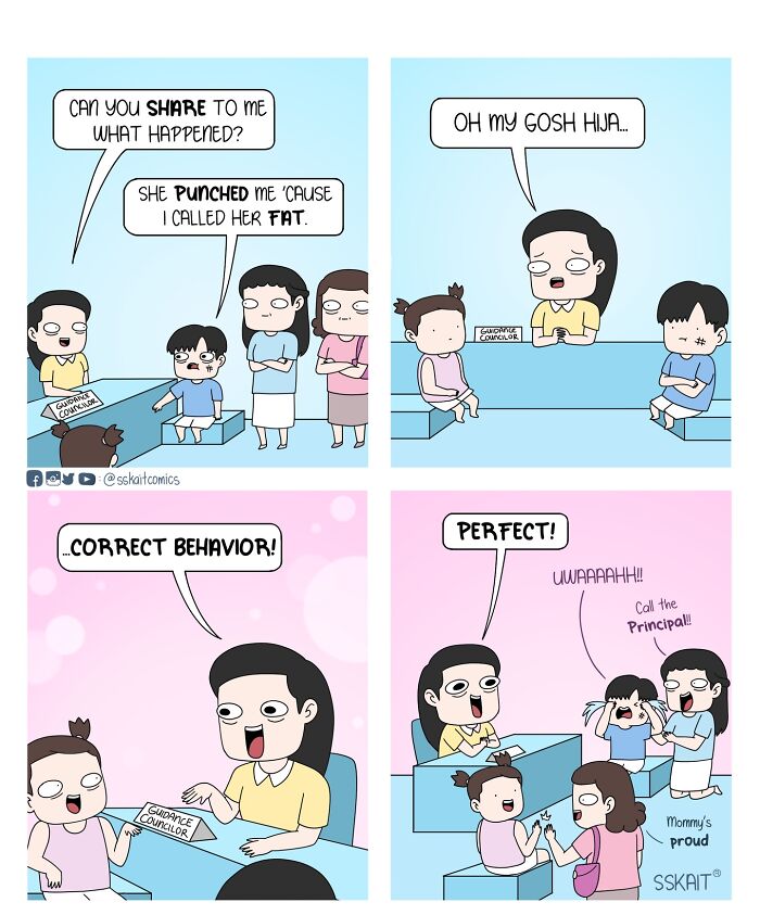 A comic showing a guidance counselor praising a girl for punching someone who called her fat, full of Filipino humor.