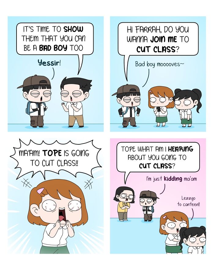 A comic strip about Filipino humor, showing students plotting to cut class, then getting caught by their teacher.