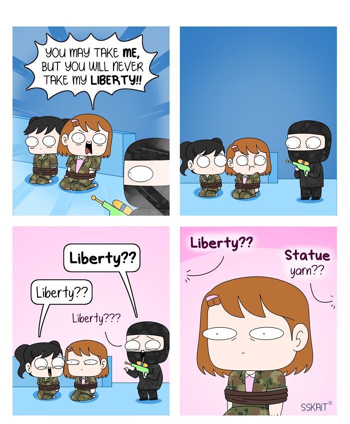 A comic strip about Filipino humor, showing a person tied up with two captors and confused about the word liberty.