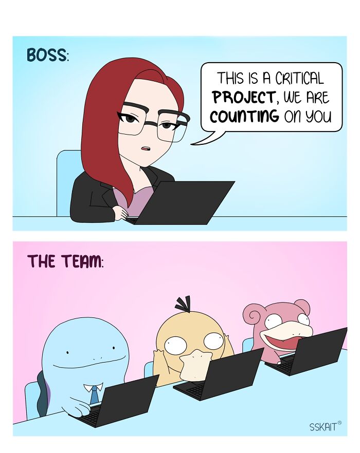 A comic strip about Filipino humor, depicting a boss and her team of Pokemon-like characters working on a project.