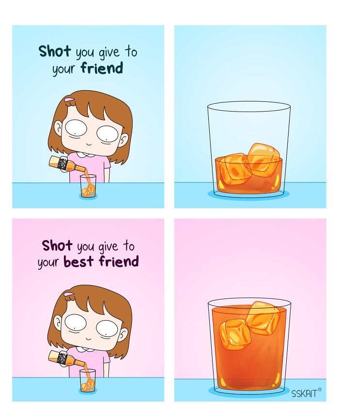 A comic illustrating Filipino humor about giving different shot sizes to a friend versus a best friend, showing everyday situations.