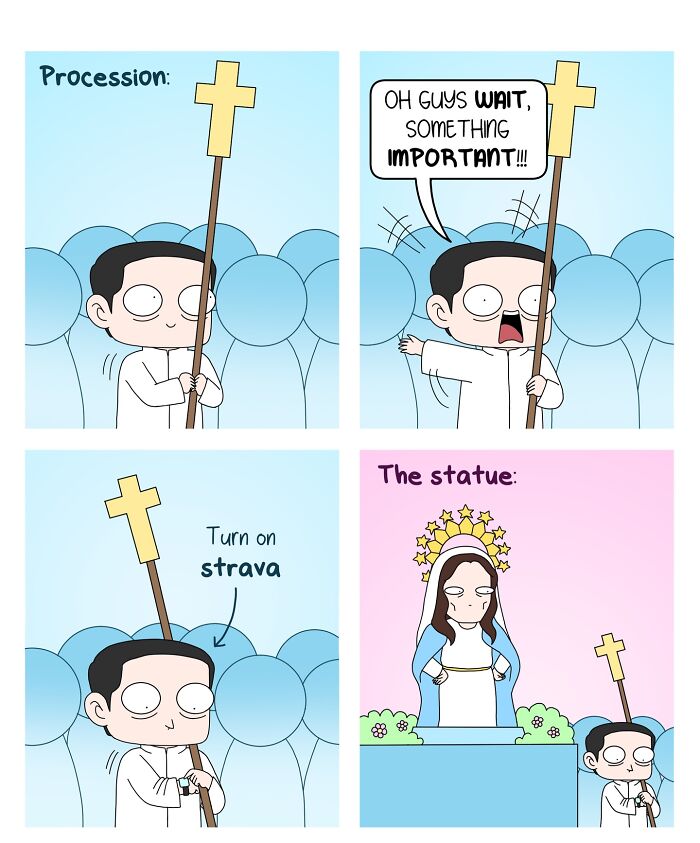 A comic depicting a procession with Filipino humor, showing someone preparing to track it on Strava for everyday situations.