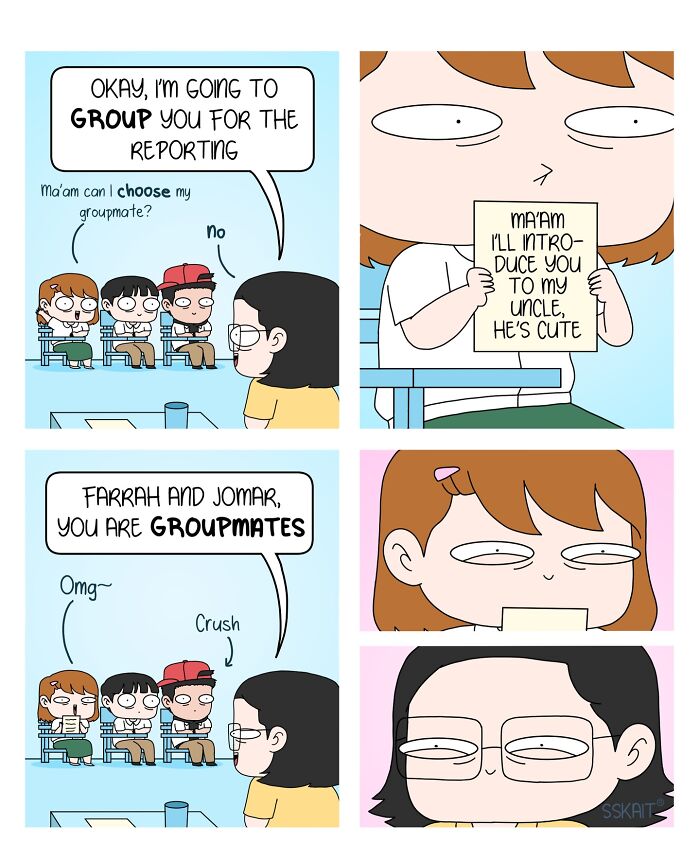 A comic strip illustrating Filipino humor in a classroom setting with students and a teacher discussing groupmates.