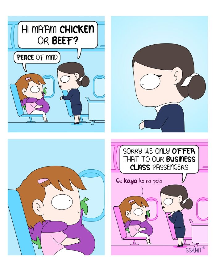 A comic showing Filipino humor in an everyday situation on an airplane, where a passenger asks for peace of mind.