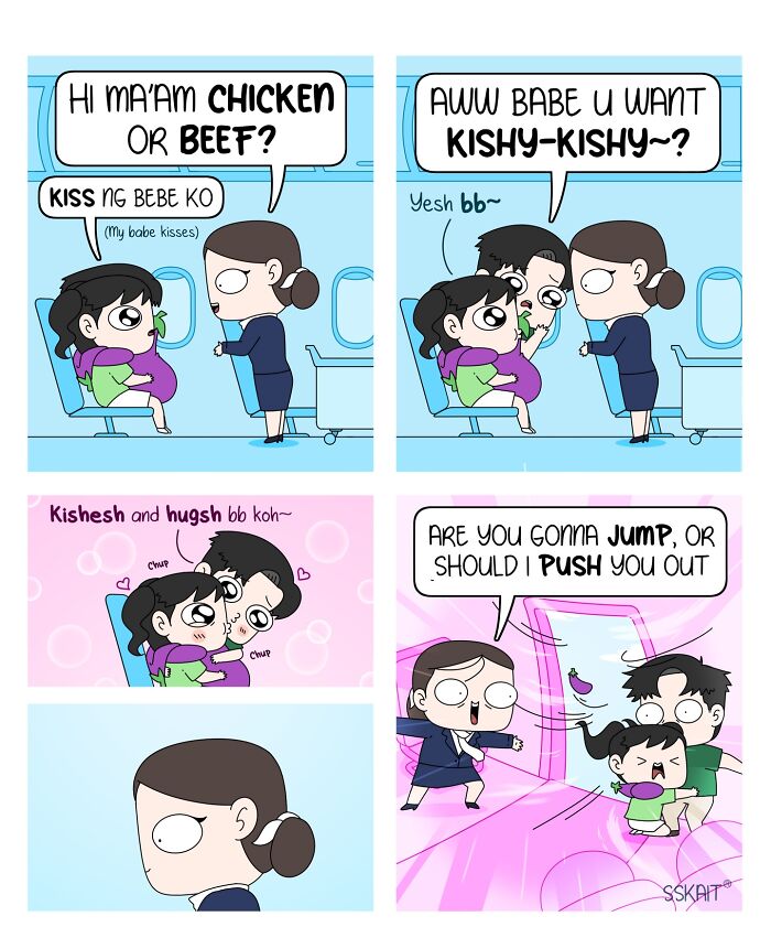 A comic strip depicting Filipino humor in everyday situations, with a couple on a plane and a flight attendant.
