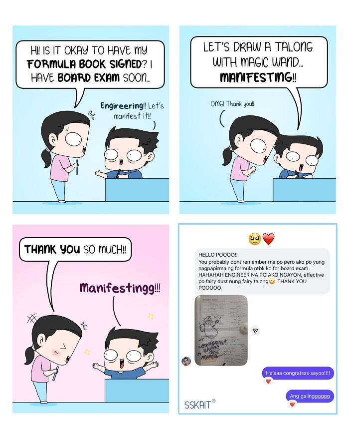 A comic about Filipino humor and everyday situations showing a woman asking an engineer to sign her formula book for an exam.
