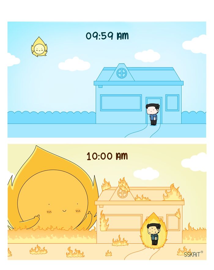 A comic about Filipino humor and everyday situations illustrating a sun that gets angry and sets a house on fire.