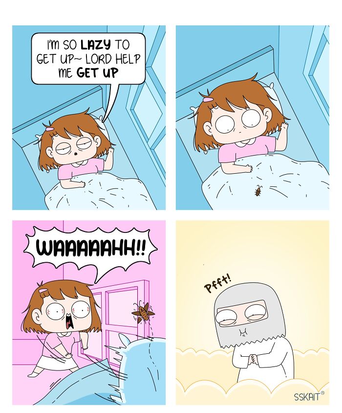 A comic featuring Filipino humor shows a woman waking up quickly after seeing a cockroach in her bed, with a laughing God.
