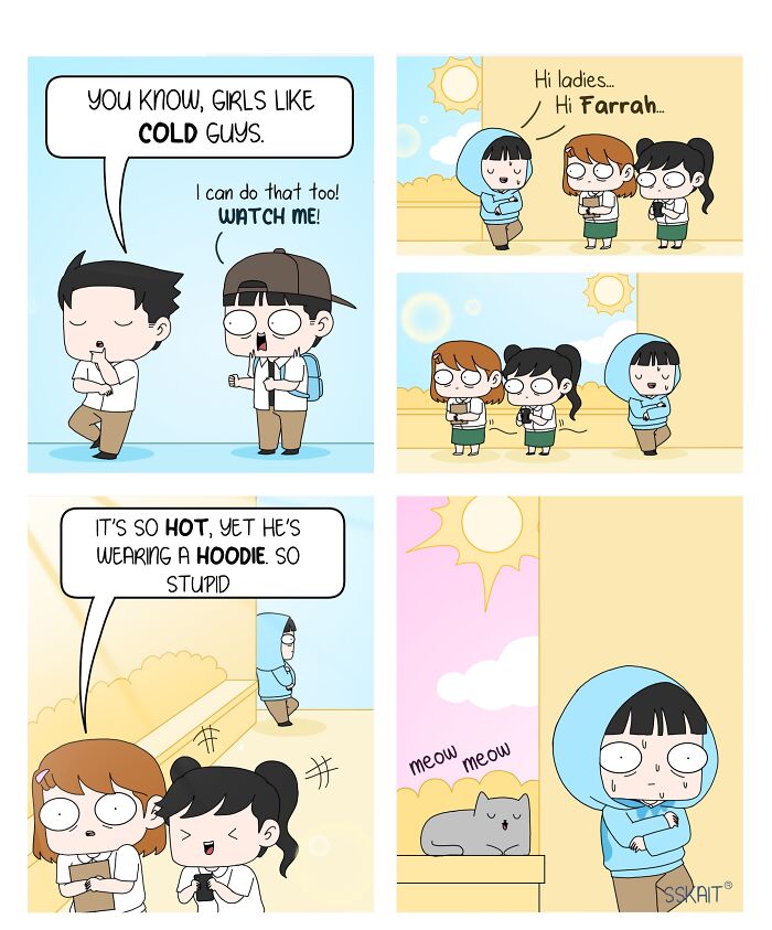 A comic about Filipino humor shows a guy trying to impress girls by wearing a hoodie in the heat, only to attract a cat.