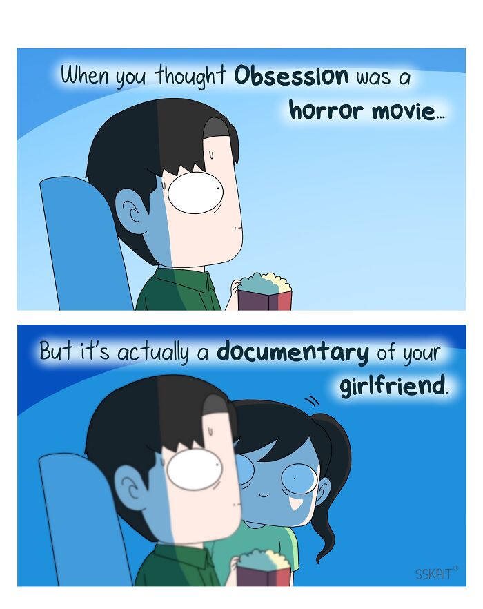 A comic about Filipino humor and everyday situations depicting a man watching an obsession movie, then realizing it is about his girlfriend.