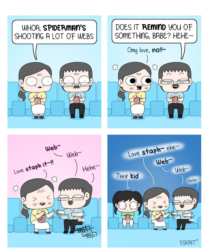 A comic with Filipino humor shows a couple watching Spider-Man, making jokes about 'web' and 'love staff' leading to a kid.