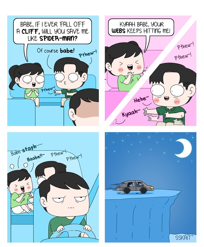 A comic demonstrating Filipino humor shows a couple in a car, where the guy mimics Spider-Man's webs, annoying the girl.