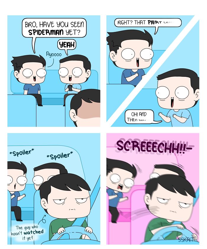 A comic illustrating Filipino humor shows a man trying to avoid Spider-Man spoilers from his friend while driving.
