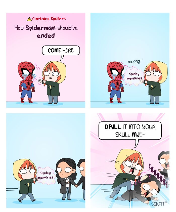 A comic about Filipino humor and everyday situations showing Spiderman with a woman who is trying to erase his memories.