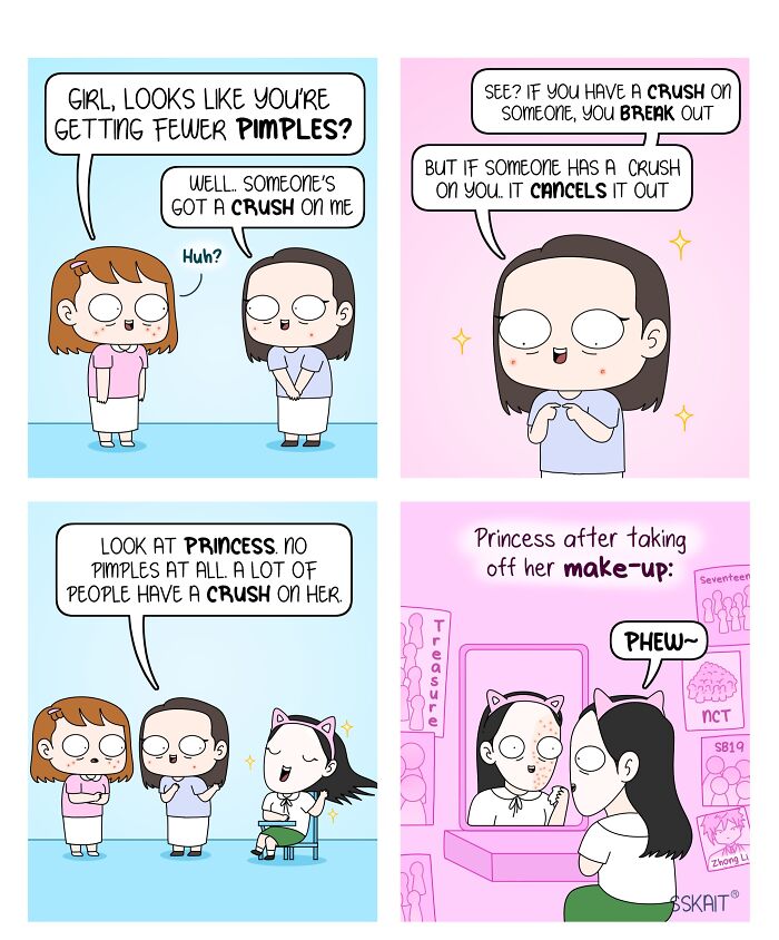 A comic strip about Filipino humor, showing two girls discussing pimples and crushes, and a third girl with makeup off.