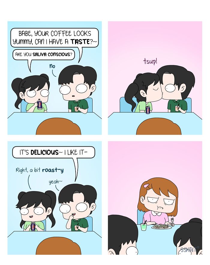 A comic strip showing Filipino humor, with a couple sharing coffee and a kiss, while another person looks on.