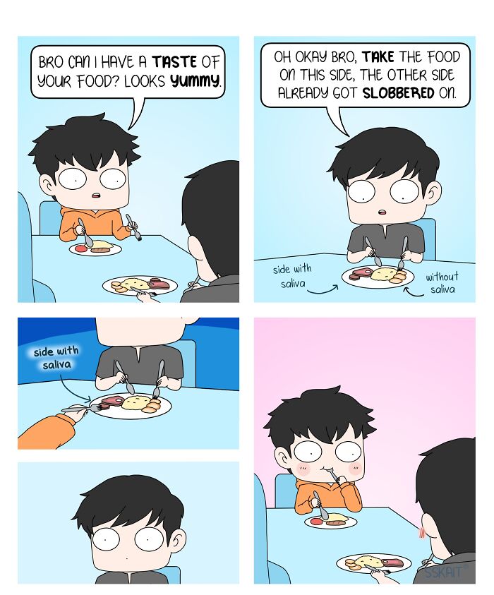 A comic strip depicting Filipino humor, as one person offers another food, noting the side already 'slobbered on'.