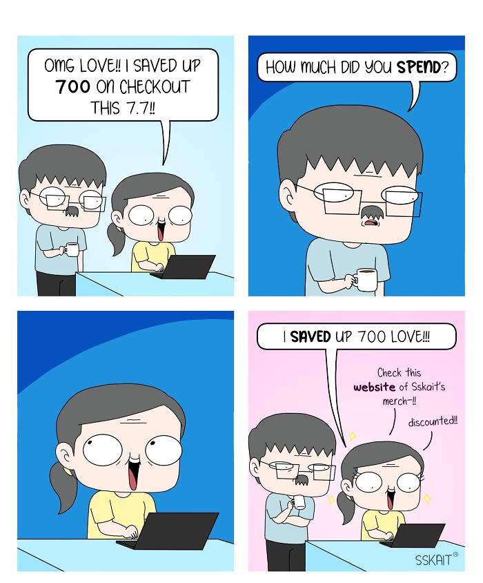 A comic strip about Filipino humor, where a wife excitedly tells her husband about saving money from online shopping.