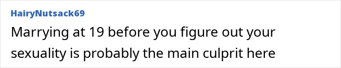 Screenshot of a comment about a rock star emerging unrecognizable after coming out as gay despite 14-year marriage.