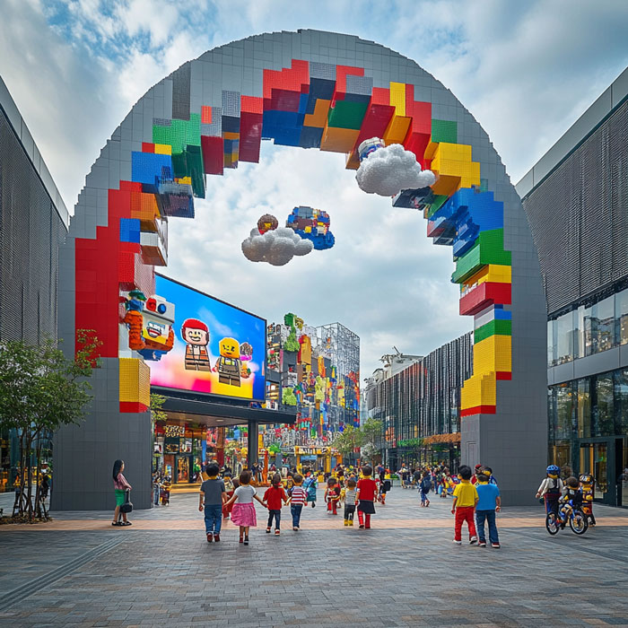 Kids enjoying their mornings, walking through a vibrant Legoland park entrance with an archway made of colorful bricks. Kids enjoying their mornings, walking through a vibrant Legoland park entrance with an archway made of colorful bricks.