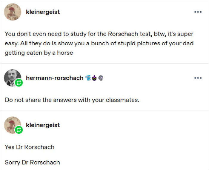 A funny Tumblr post discussing studying for a Rorschach test, featuring a humorous exchange with Hermann Rorschach. Best Things on Tumblr.