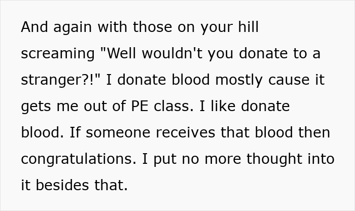Adopted teen's casual view on blood donation, unrelated to birth parents' demands. Adopted teen's casual view on blood donation, unrelated to birth parents' demands.